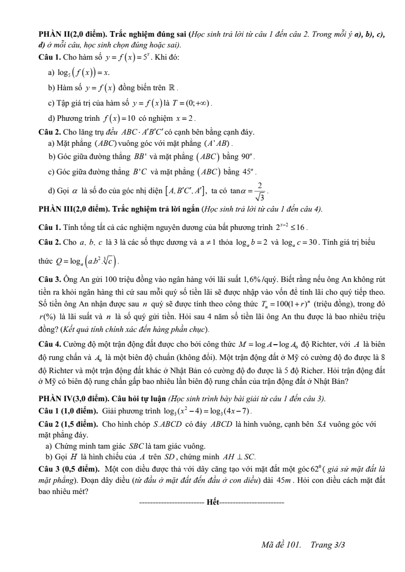 Đề thi Giữa kì 2 Toán 11 trường THPT Quế Sơn (Đà Nẵng) năm 2025-2026