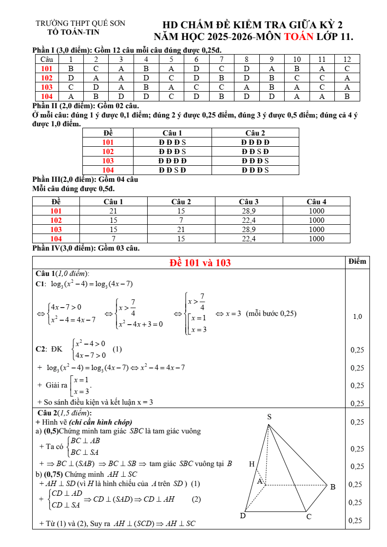 Đề thi Giữa kì 2 Toán 11 trường THPT Quế Sơn (Đà Nẵng) năm 2025-2026