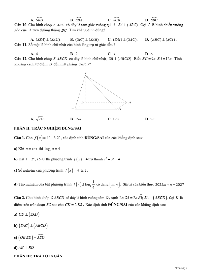 Đề thi Giữa kì 2 Toán 11 trường THPT Sầm Sơn (Thanh Hóa) năm 2024-2025
