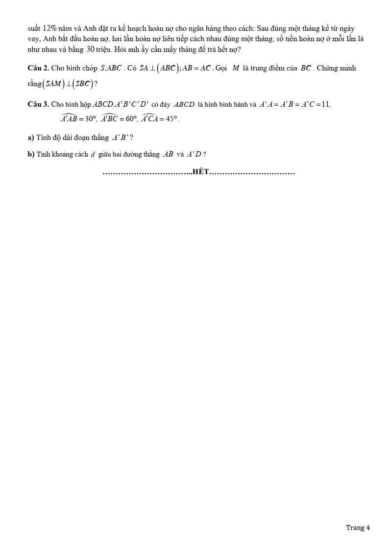 Đề thi Giữa kì 2 Toán 11 trường THPT Sầm Sơn (Thanh Hóa) năm 2024-2025
