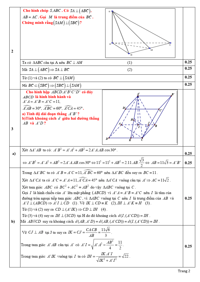 Đề thi Giữa kì 2 Toán 11 trường THPT Sầm Sơn (Thanh Hóa) năm 2024-2025