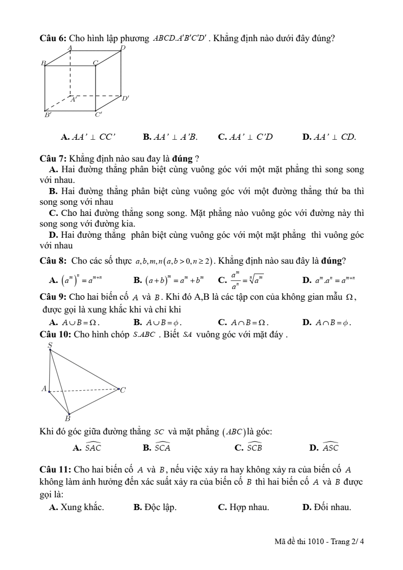 Đề thi Giữa kì 2 Toán 11 trường THPT Số 1 Lê Hồng Phong (Đắk Lắk) năm 2025-2026