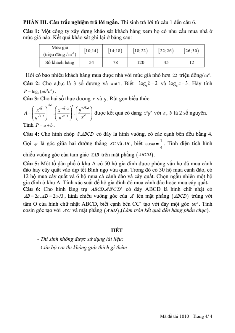 Đề thi Giữa kì 2 Toán 11 trường THPT Số 1 Lê Hồng Phong (Đắk Lắk) năm 2025-2026