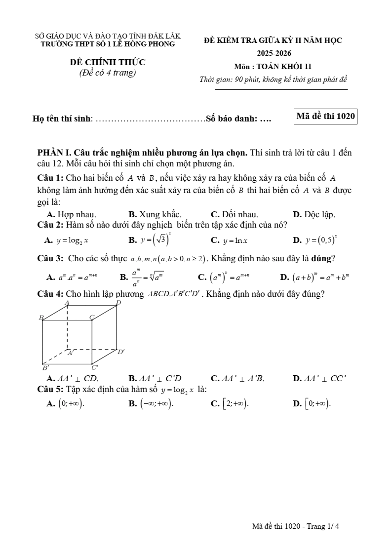 Đề thi Giữa kì 2 Toán 11 trường THPT Số 1 Lê Hồng Phong (Đắk Lắk) năm 2025-2026