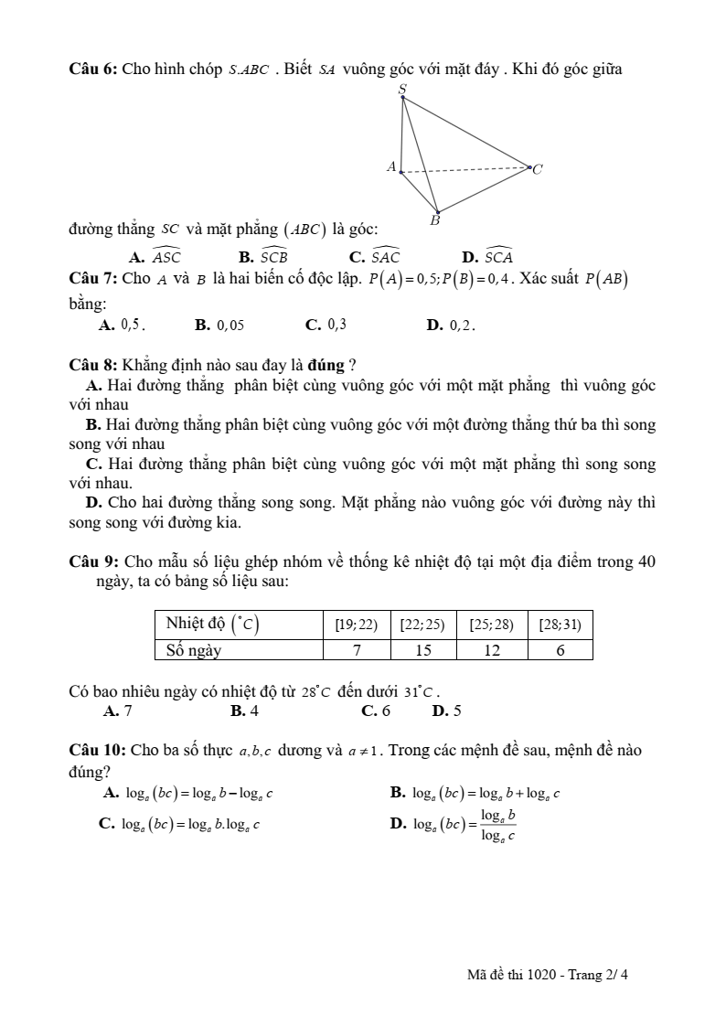 Đề thi Giữa kì 2 Toán 11 trường THPT Số 1 Lê Hồng Phong (Đắk Lắk) năm 2025-2026
