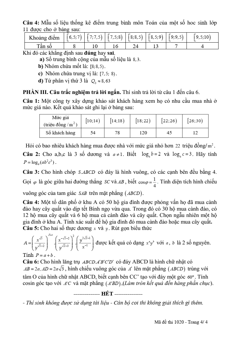 Đề thi Giữa kì 2 Toán 11 trường THPT Số 1 Lê Hồng Phong (Đắk Lắk) năm 2025-2026