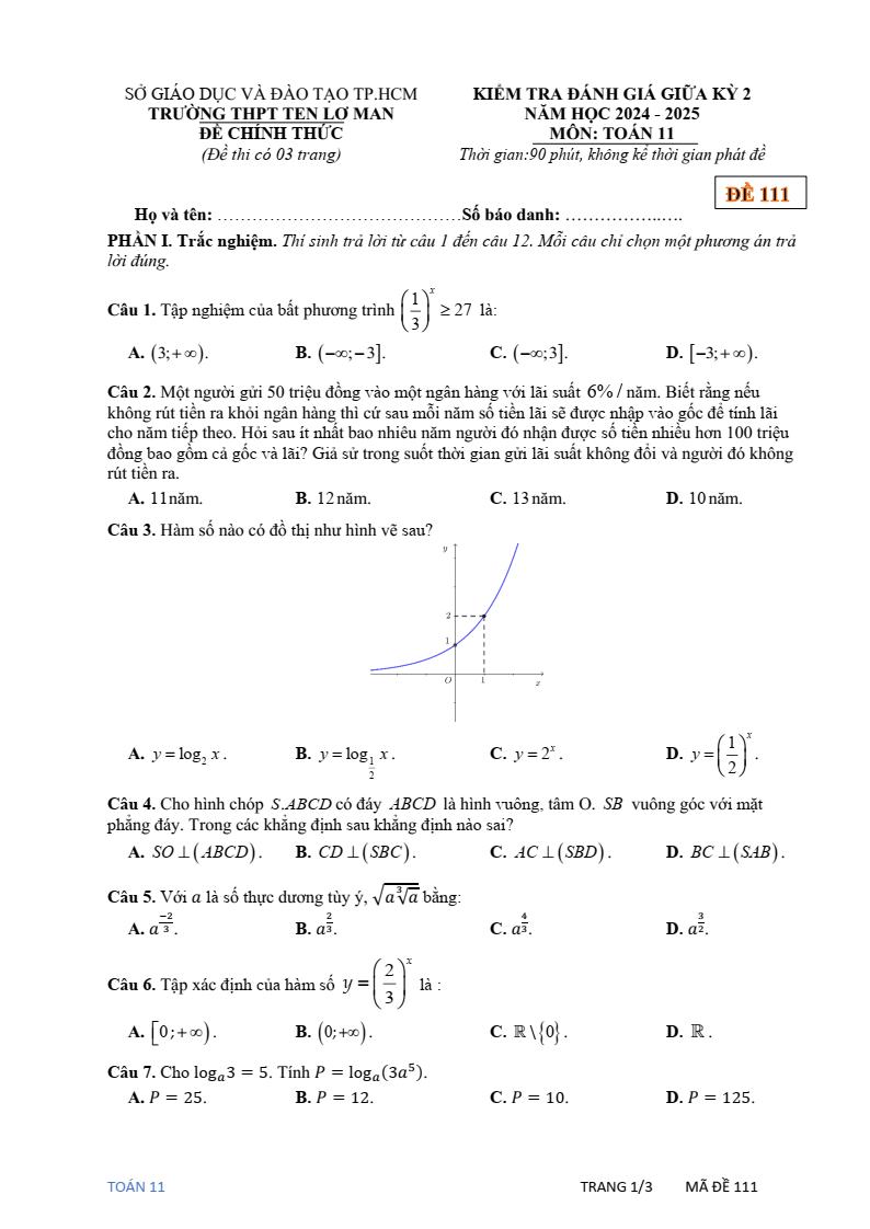 Đề thi Giữa kì 2 Toán 11 trường THPT Ten Lơ Man (Tp.HCM) năm 2024-2025