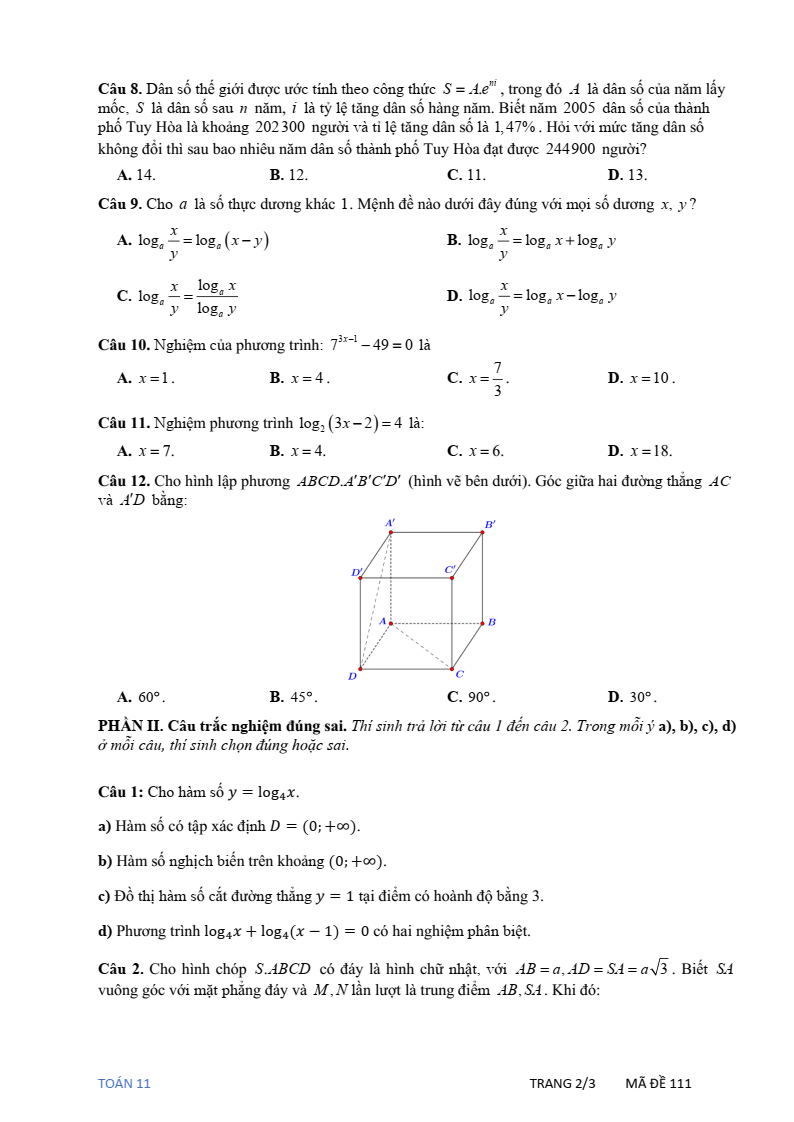 Đề thi Giữa kì 2 Toán 11 trường THPT Ten Lơ Man (Tp.HCM) năm 2024-2025