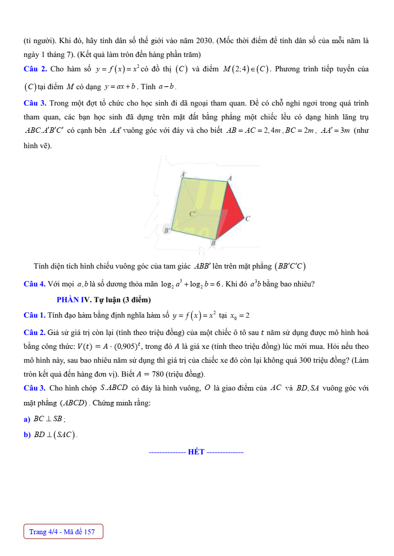 Đề thi Giữa kì 2 Toán 11 trường THPT Thanh Hòa (Bình Phước) năm 2024-2025
