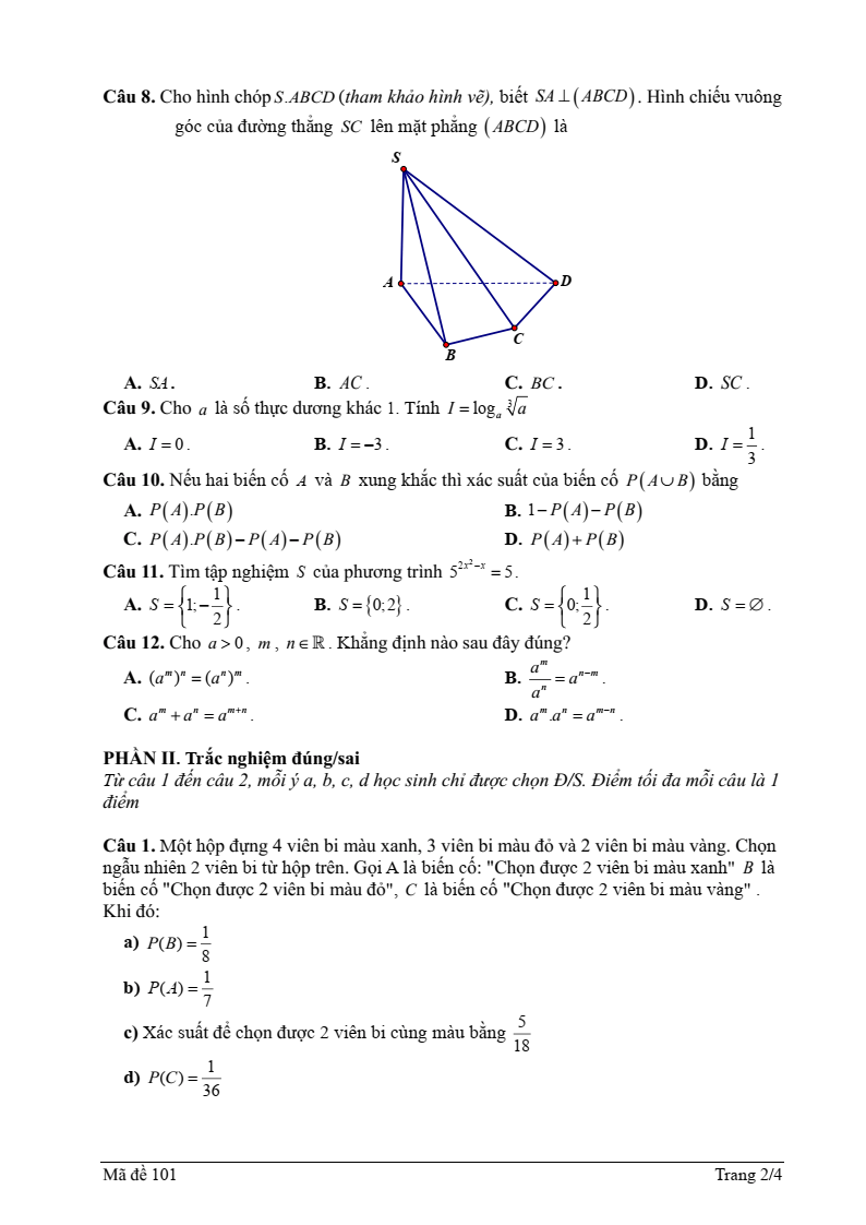 Đề thi Giữa kì 2 Toán 11 trường THPT Thanh Miện 2 (Hải Dương) năm 2024-2025