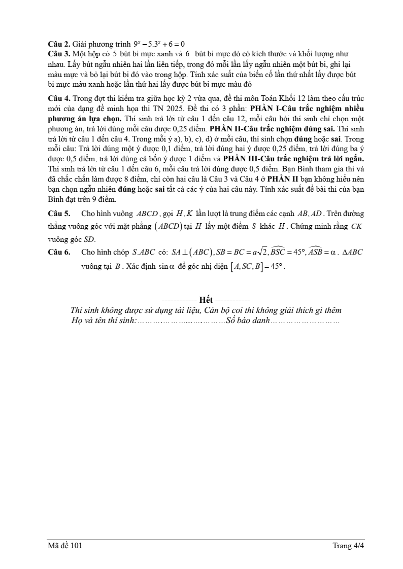 Đề thi Giữa kì 2 Toán 11 trường THPT Thanh Miện 2 (Hải Dương) năm 2024-2025