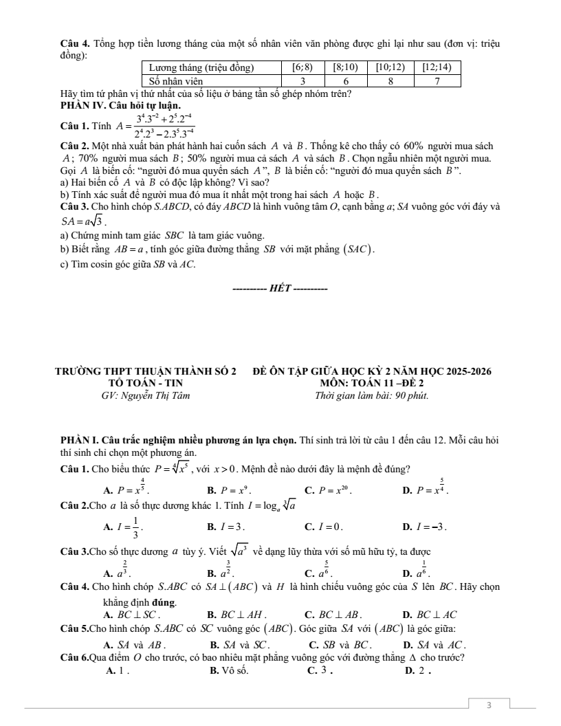 Đề thi Giữa kì 2 Toán 11 trường THPT Thuận Thành Số 2 (Bắc Ninh) năm 2025-2026
