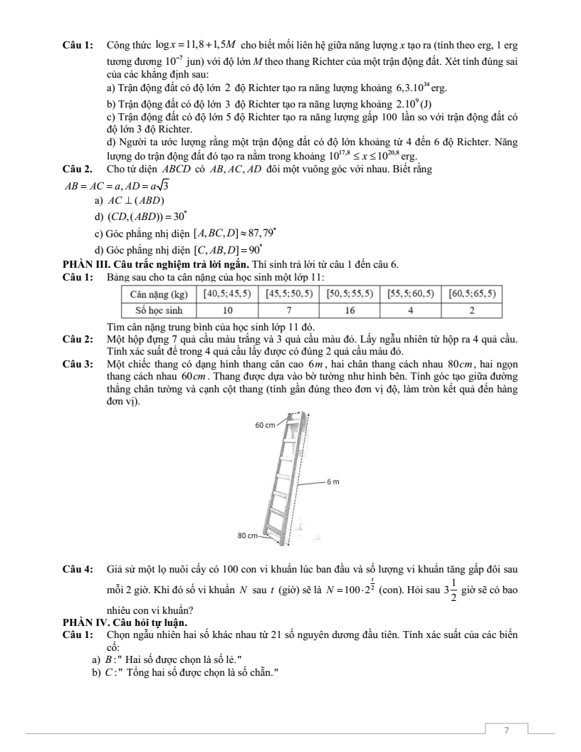 Đề thi Giữa kì 2 Toán 11 trường THPT Thuận Thành Số 2 (Bắc Ninh) năm 2025-2026