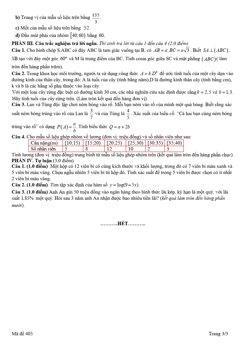 Đề thi Giữa kì 2 Toán 11 trường THPT Trần Quang Khải (Bà Rịa - Vũng Tàu) năm 2024-2025