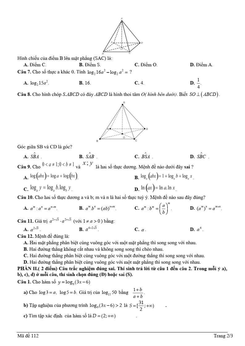 Đề thi Giữa kì 2 Toán 11 trường THPT Trần Cao Vân (Khánh Hòa) năm 2024-2025