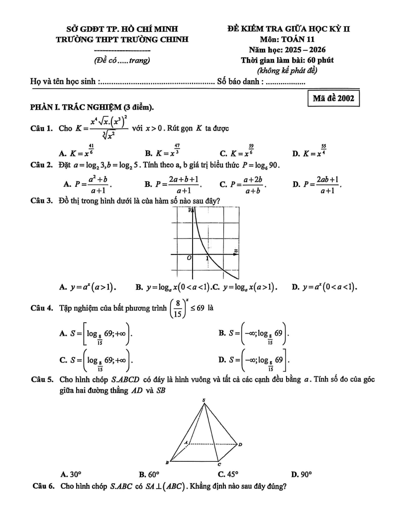 Đề thi Giữa kì 2 Toán 11 trường THPT Trường Chinh (TP HCM) năm 2025-2026