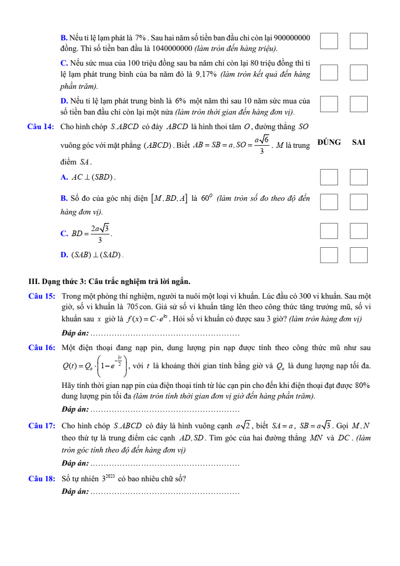 Đề thi Giữa kì 2 Toán 11 trường THPT Việt Đức (Hà Nội) năm 2024-2025