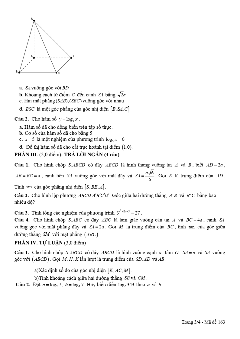 Đề thi Giữa kì 2 Toán 11 trường THPT Vĩnh Linh (Quảng Trị) năm 2025-2026