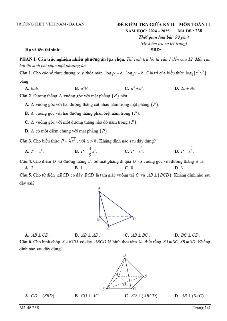 Đề thi Giữa kì 2 Toán 11 trường THPT Việt Nam - Ba Lan (Hà Nội) năm 2024-2025