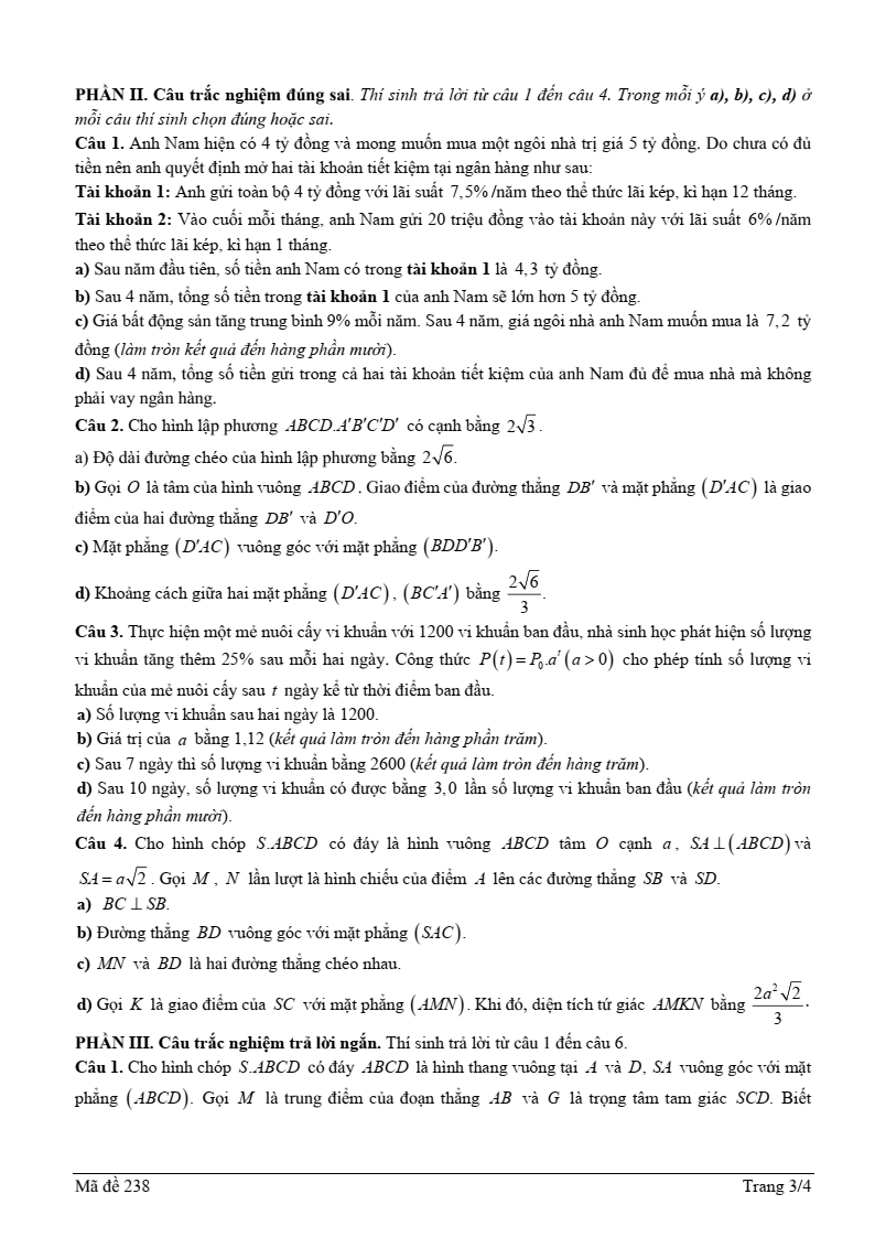 Đề thi Giữa kì 2 Toán 11 trường THPT Việt Nam - Ba Lan (Hà Nội) năm 2024-2025