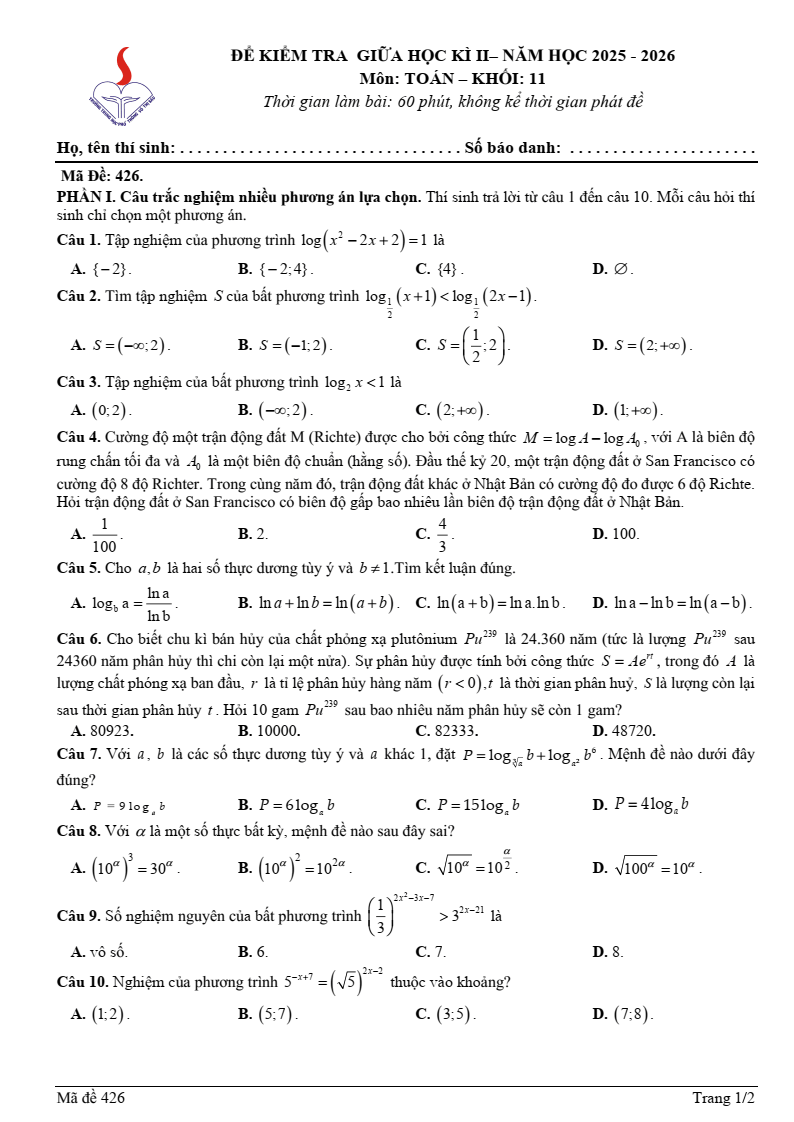 Đề thi Giữa kì 2 Toán 11 trường THPT Võ Thị Sáu (TP HCM) năm 2025-2026