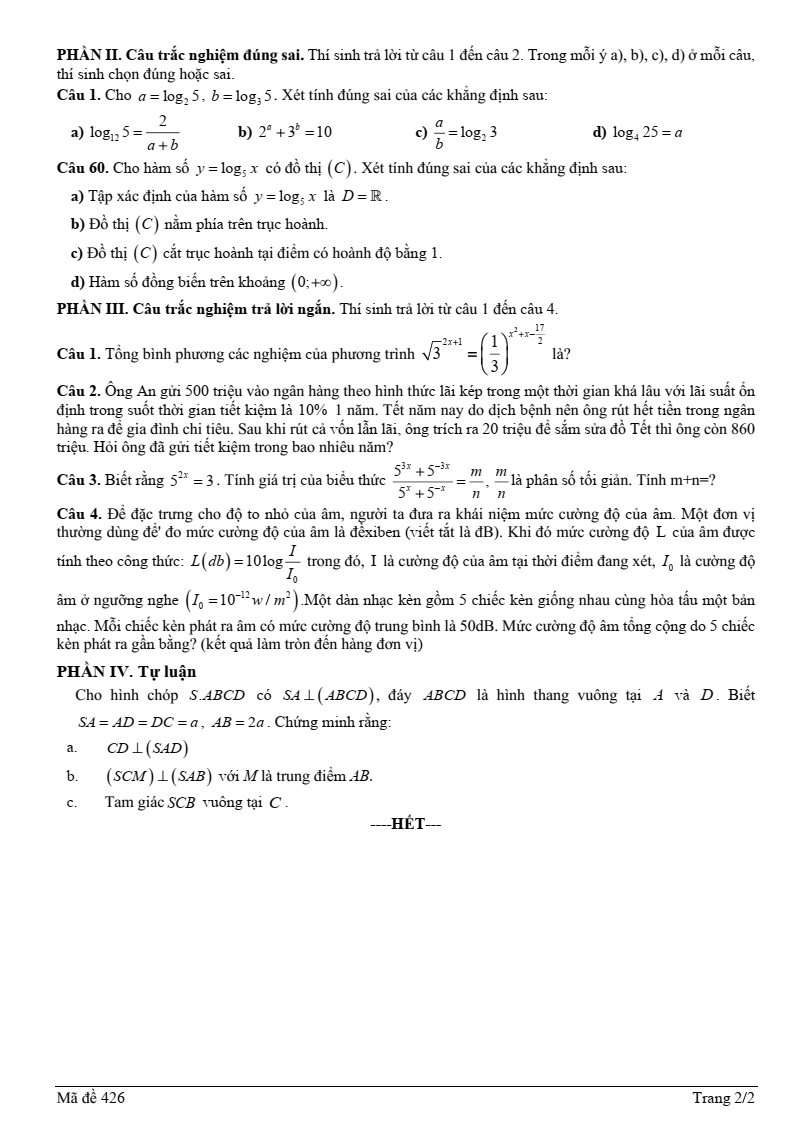 Đề thi Giữa kì 2 Toán 11 trường THPT Võ Thị Sáu (TP HCM) năm 2025-2026