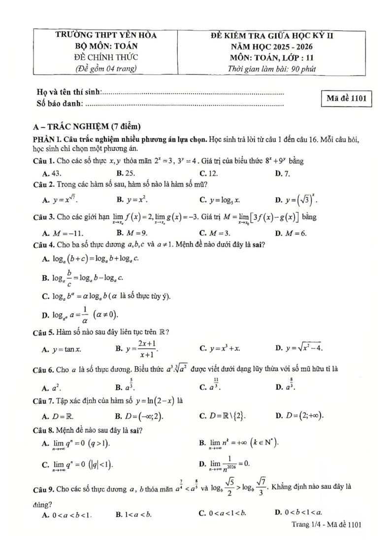 Đề thi Giữa kì 2 Toán 11 trường THPT Yên Hòa (Hà Nội) năm 2025-2026
