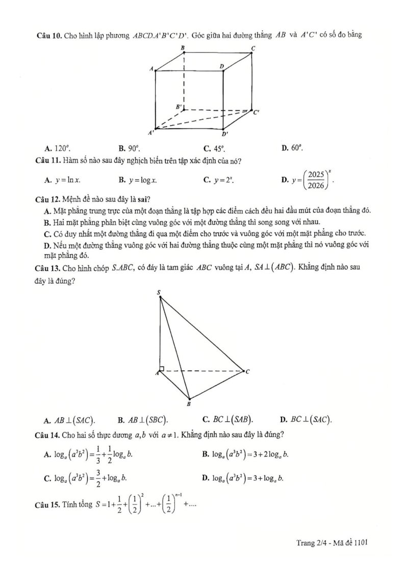 Đề thi Giữa kì 2 Toán 11 trường THPT Yên Hòa (Hà Nội) năm 2025-2026