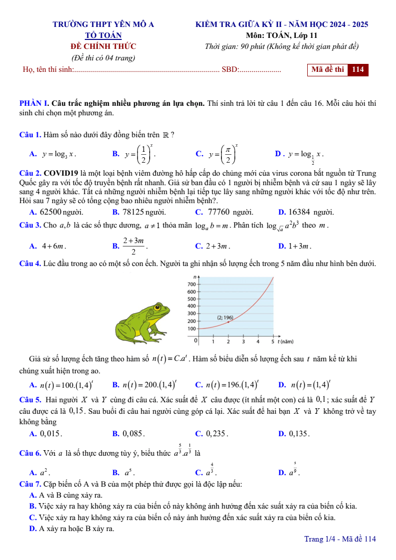 Đề thi Giữa kì 2 Toán 11 trường THPT Yên Mô A (Ninh Bình) năm 2024-2025