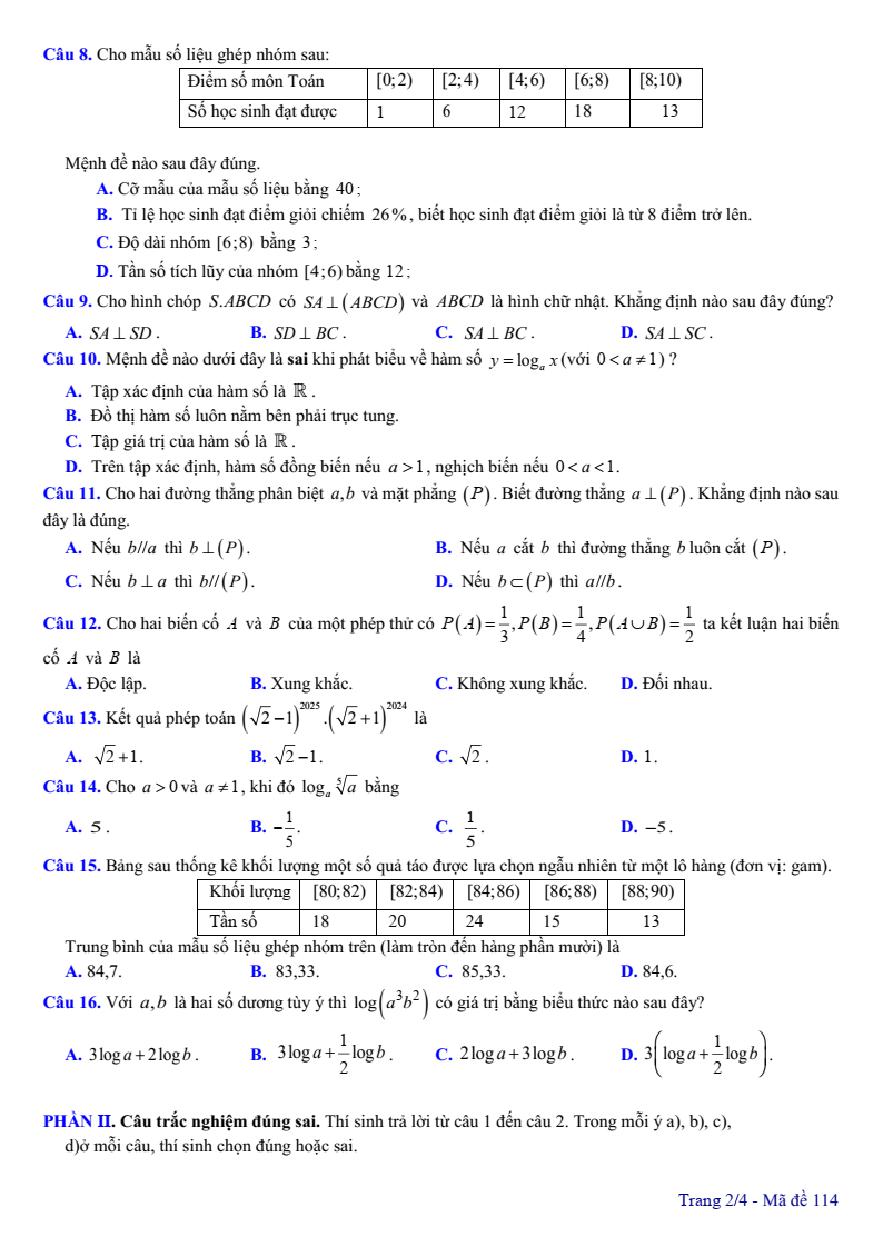 Đề thi Giữa kì 2 Toán 11 trường THPT Yên Mô A (Ninh Bình) năm 2024-2025