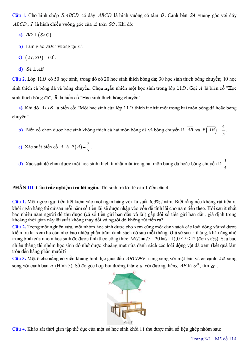 Đề thi Giữa kì 2 Toán 11 trường THPT Yên Mô A (Ninh Bình) năm 2024-2025