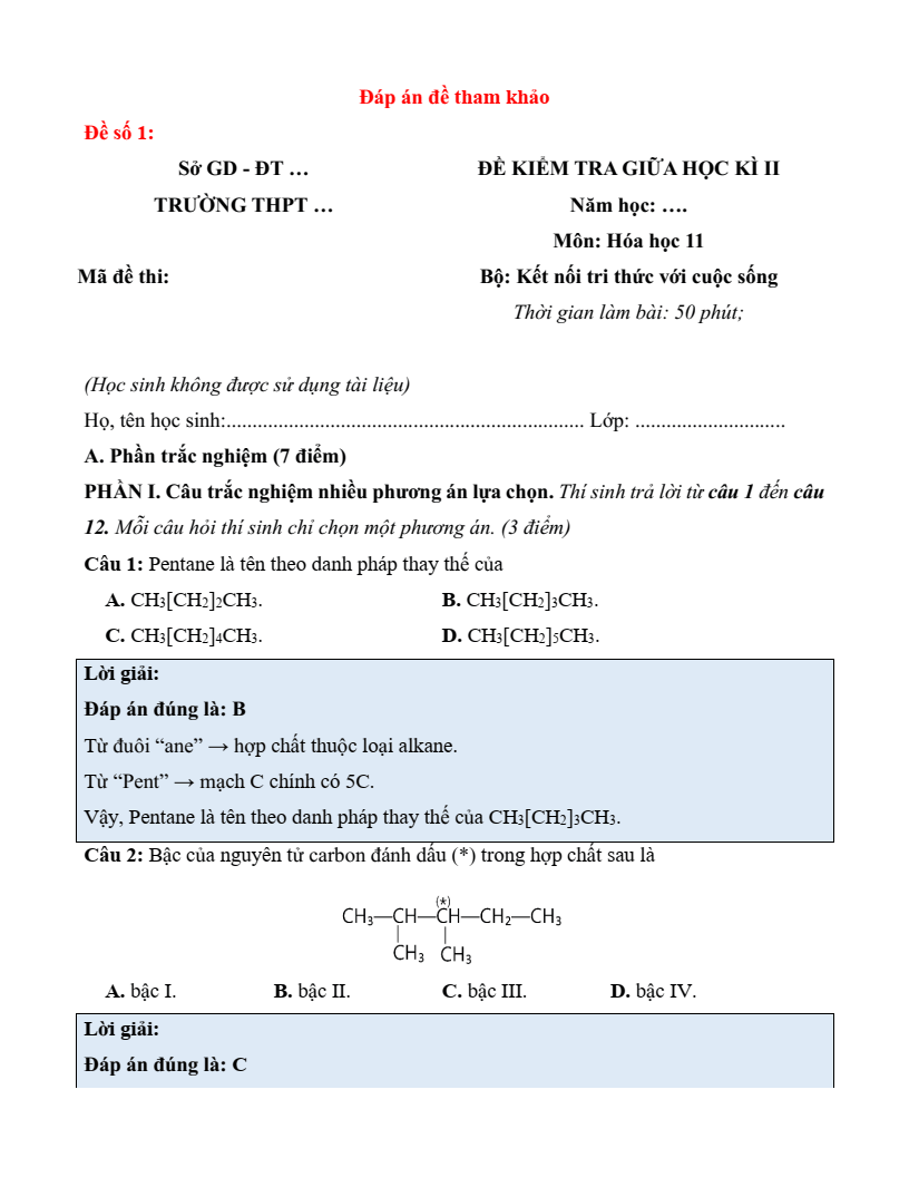 6+ Đề thi Giữa kì 2 Hoá học 11 Kết nối tri thức (cấu trúc mới, có đáp án)