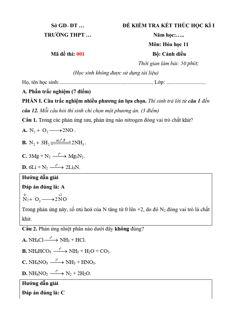3 Đề thi Học kì 1 Hoá học 11 Cánh diều (có đáp án, cấu trúc mới)