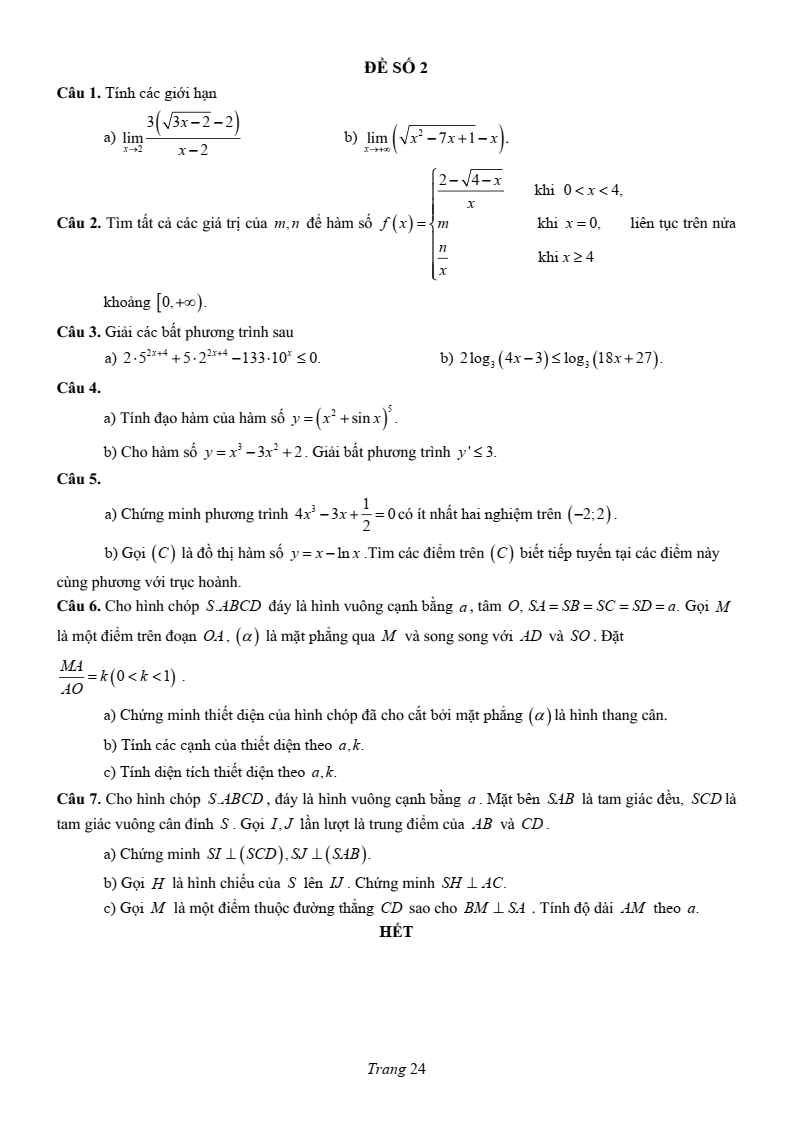 Đề thi Học kì 1 Toán 11 trường chuyên Lương Văn Chánh (ĐắK LắK) năm 2025-2026