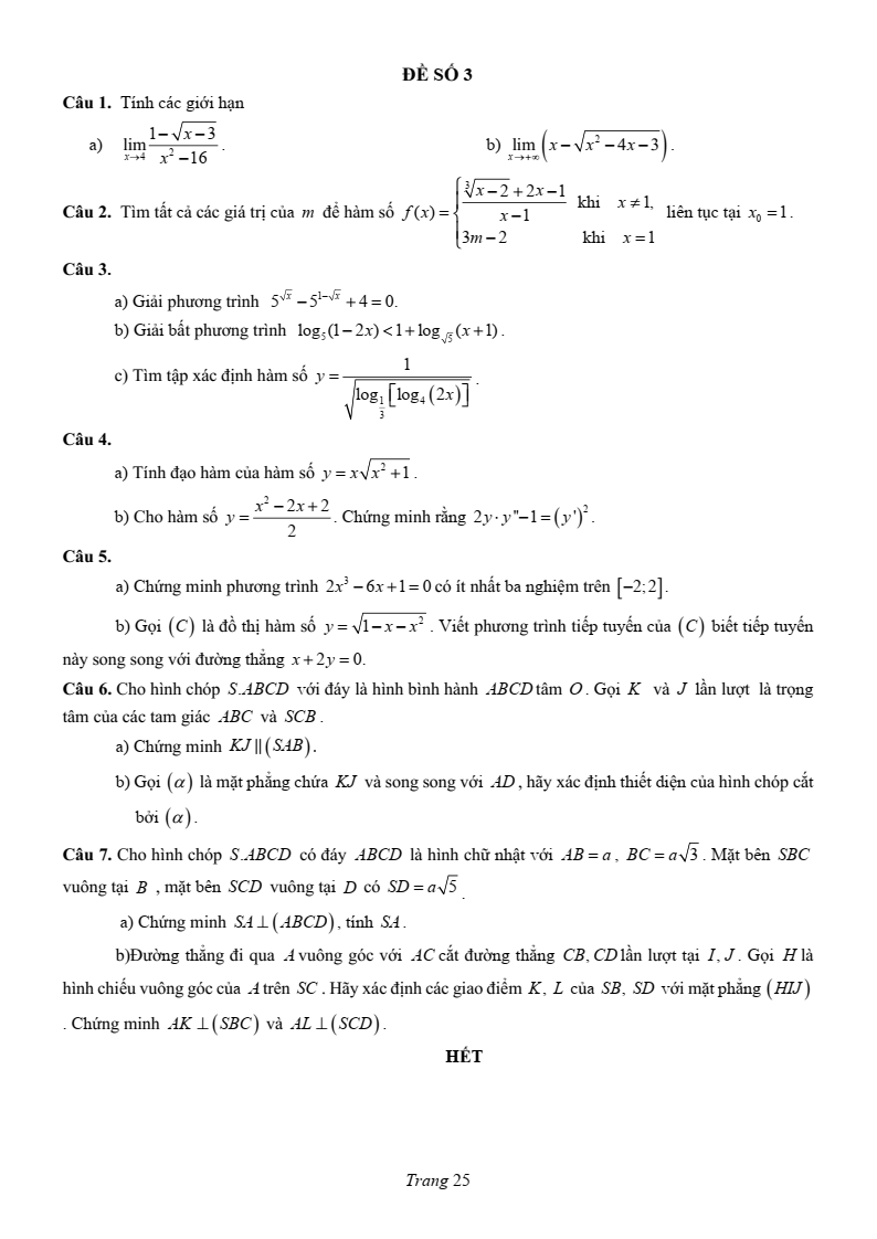 Đề thi Học kì 1 Toán 11 trường chuyên Lương Văn Chánh (ĐắK LắK) năm 2025-2026