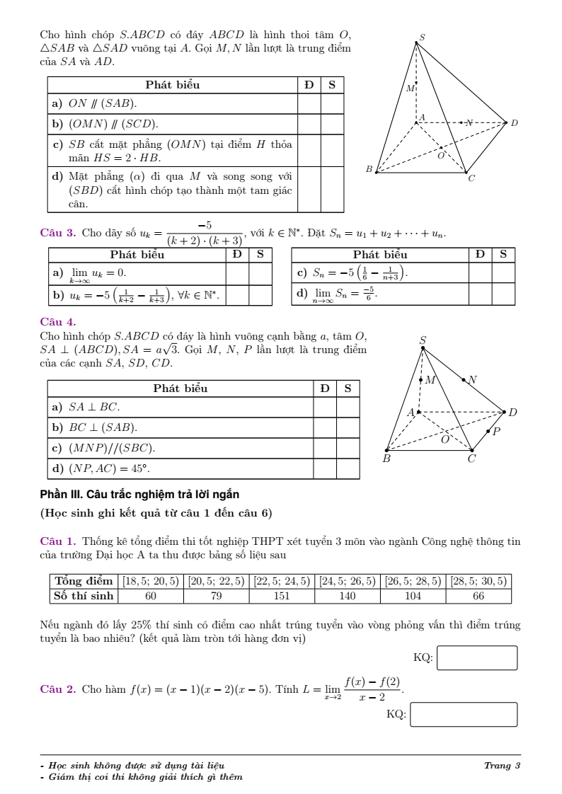 Đề thi Học kì 1 Toán 11 trường Lương Thế Vinh (Hà Nội) năm 2025-2026