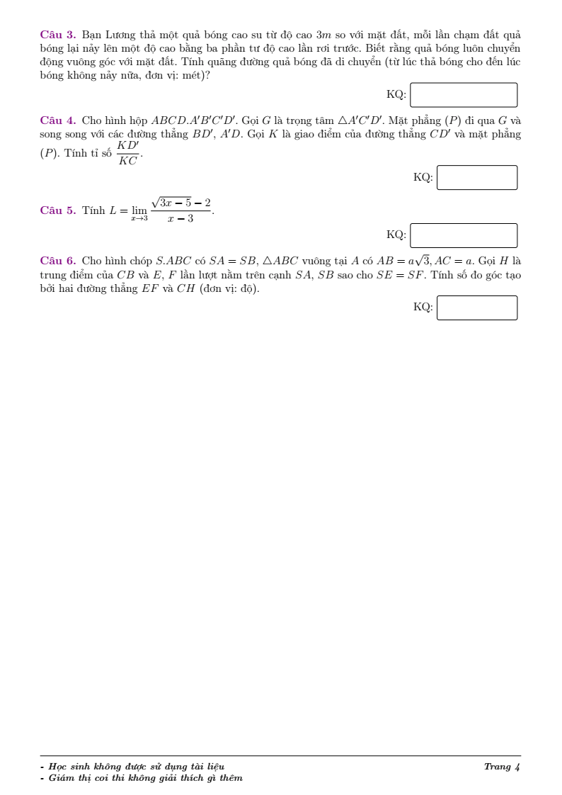 Đề thi Học kì 1 Toán 11 trường Lương Thế Vinh (Hà Nội) năm 2025-2026