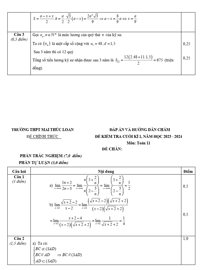 Đề thi Học kì 1 Toán 11 năm 2023-2024 trường THPT Mai Thúc Loan (Hà Tĩnh)
