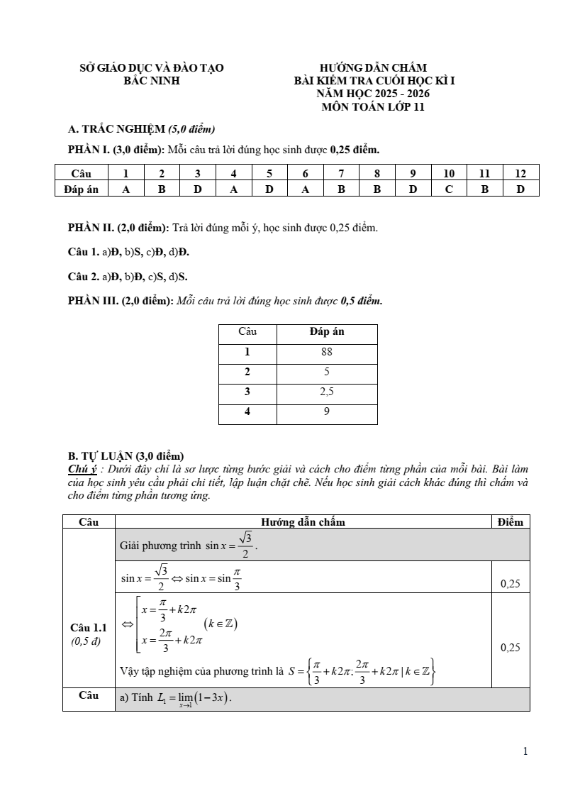 Đề thi Học kì 1 Toán 11 sở GD&ĐT Bắc Ninh năm 2025-2026
