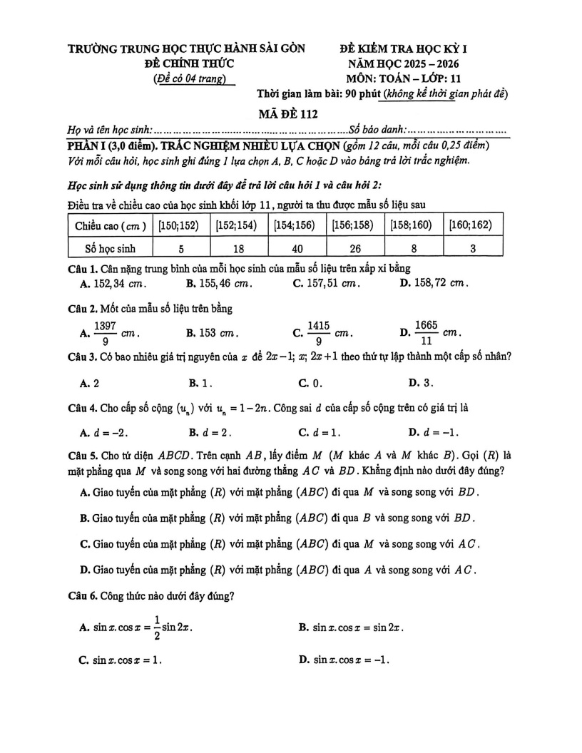 Đề thi Học kì 1 Toán 11 trường TH Thực hành Sài Gòn (Tp.HCM) năm 2025-2026