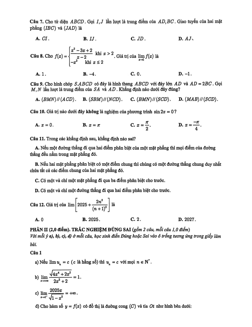 Đề thi Học kì 1 Toán 11 trường TH Thực hành Sài Gòn (Tp.HCM) năm 2025-2026