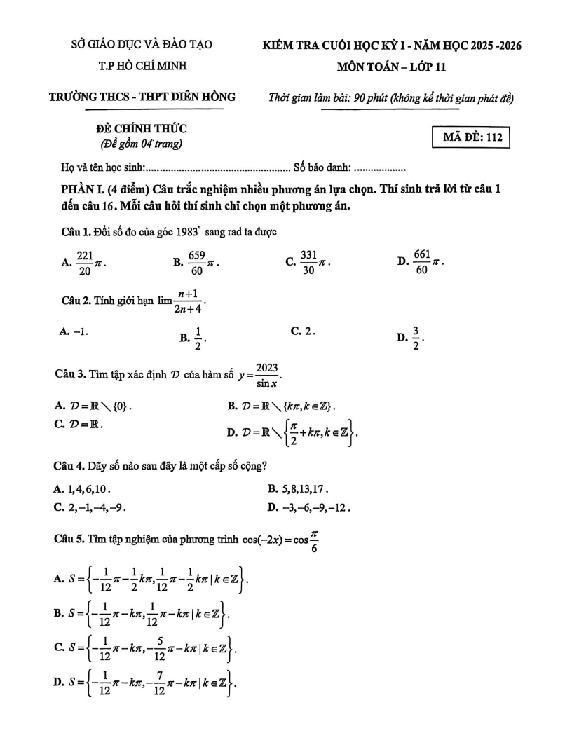 Đề thi Học kì 1 Toán 11 trường THCS-THPT Diên Hồng (Tp.HCM) năm 2025-2026
