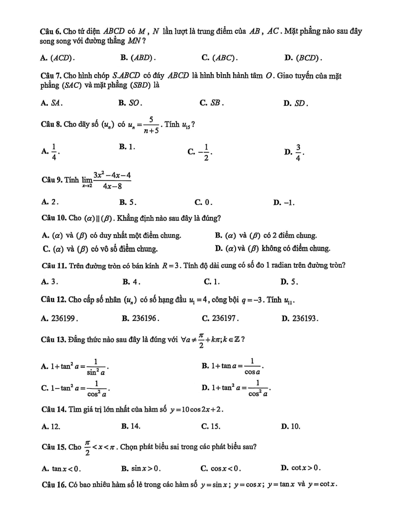 Đề thi Học kì 1 Toán 11 trường THCS-THPT Diên Hồng (Tp.HCM) năm 2025-2026