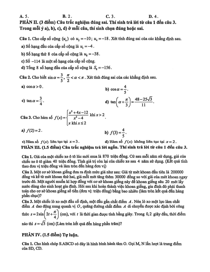 Đề thi Học kì 1 Toán 11 trường THCS-THPT Diên Hồng (Tp.HCM) năm 2025-2026