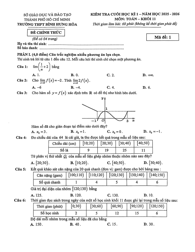 Đề thi Học kì 1 Toán 11 trường THPT Bình Hưng Hòa (Tp.HCM) năm 2025-2026