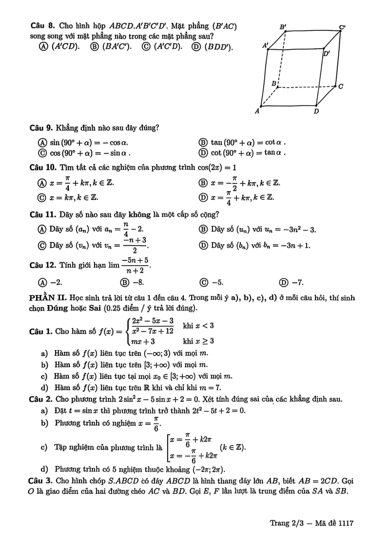 Đề thi Học kì 1 Toán 11 trường chuyên Lê Hồng Phong (Tp.HCM) năm 2025-2026