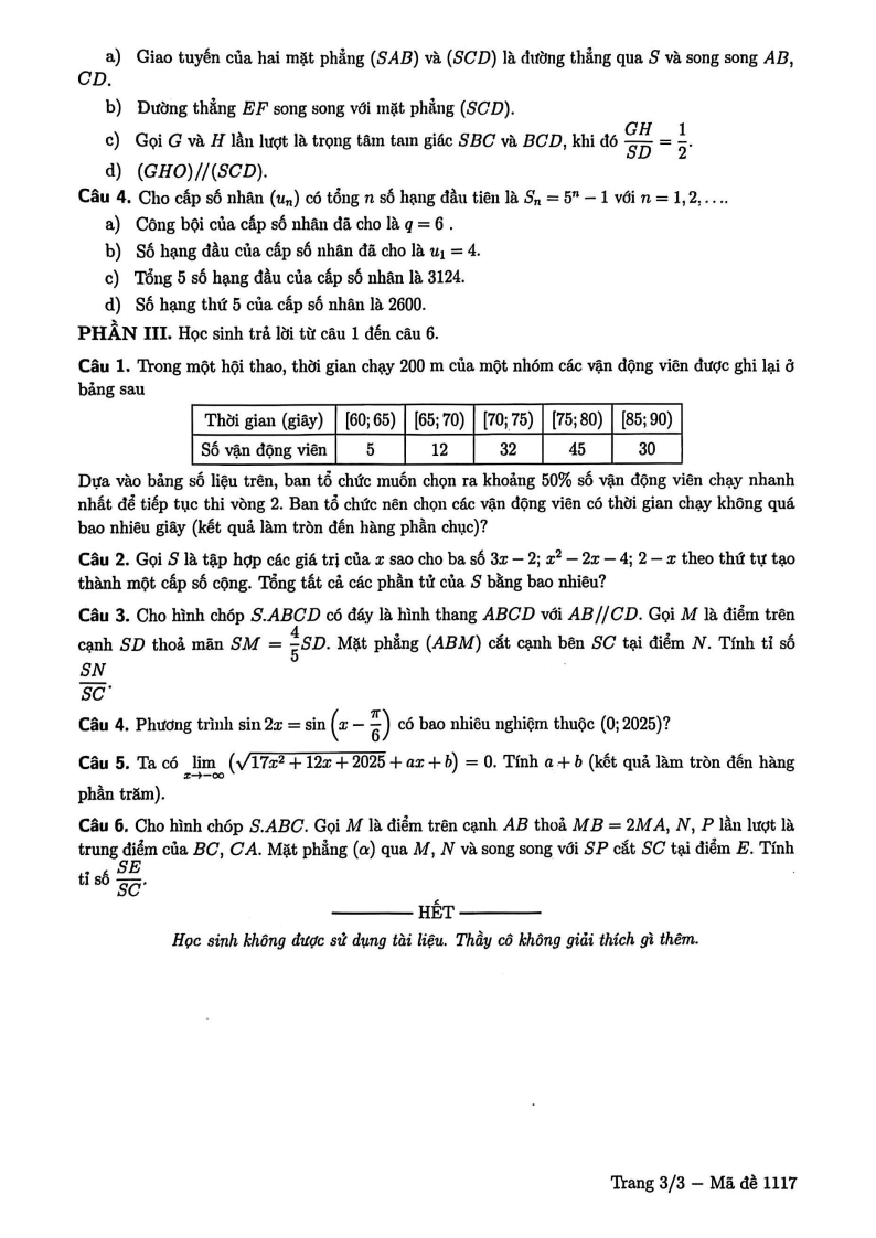 Đề thi Học kì 1 Toán 11 trường chuyên Lê Hồng Phong (Tp.HCM) năm 2025-2026