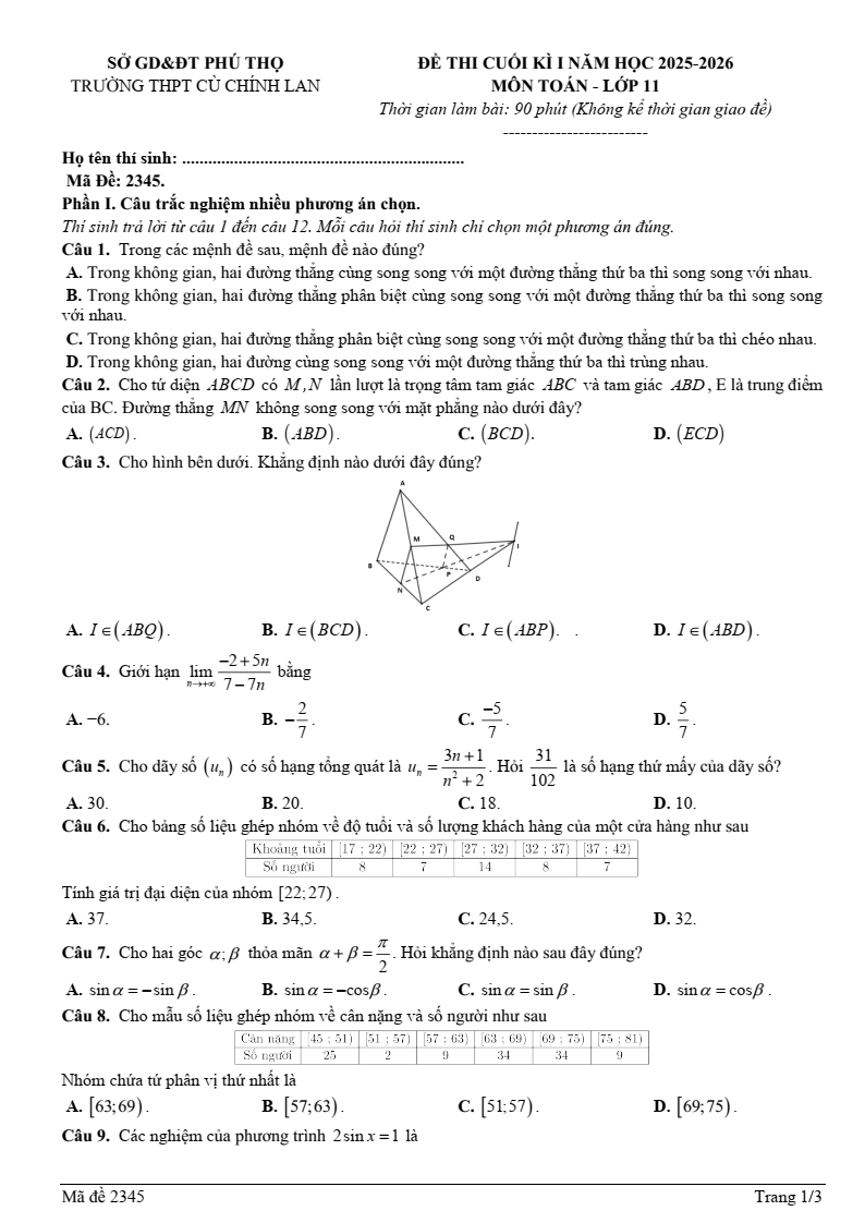 Đề thi Học kì 1 Toán 11 trường THPT Cù Chính Lan (Phú Thọ) năm 2025-2026