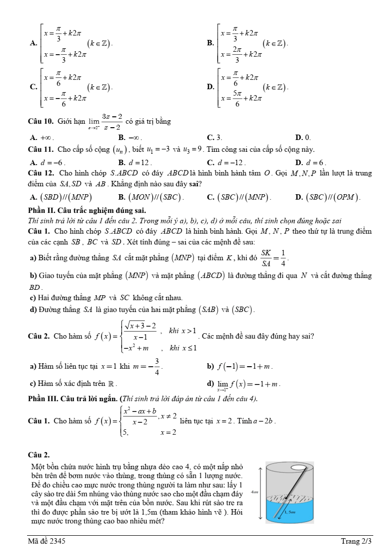 Đề thi Học kì 1 Toán 11 trường THPT Cù Chính Lan (Phú Thọ) năm 2025-2026