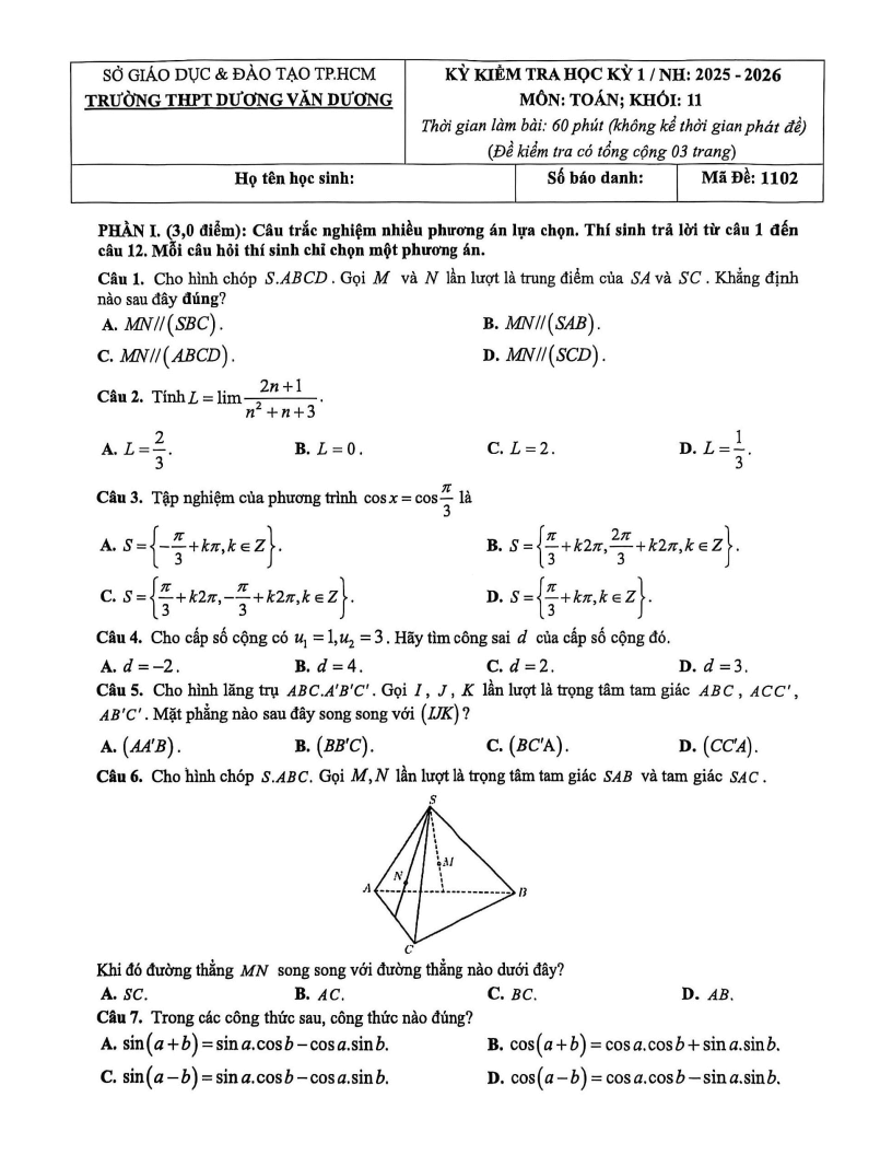 Đề thi Học kì 1 Toán 11 trường THPT Dương Văn Dương (Tp.HCM) năm 2025-2026
